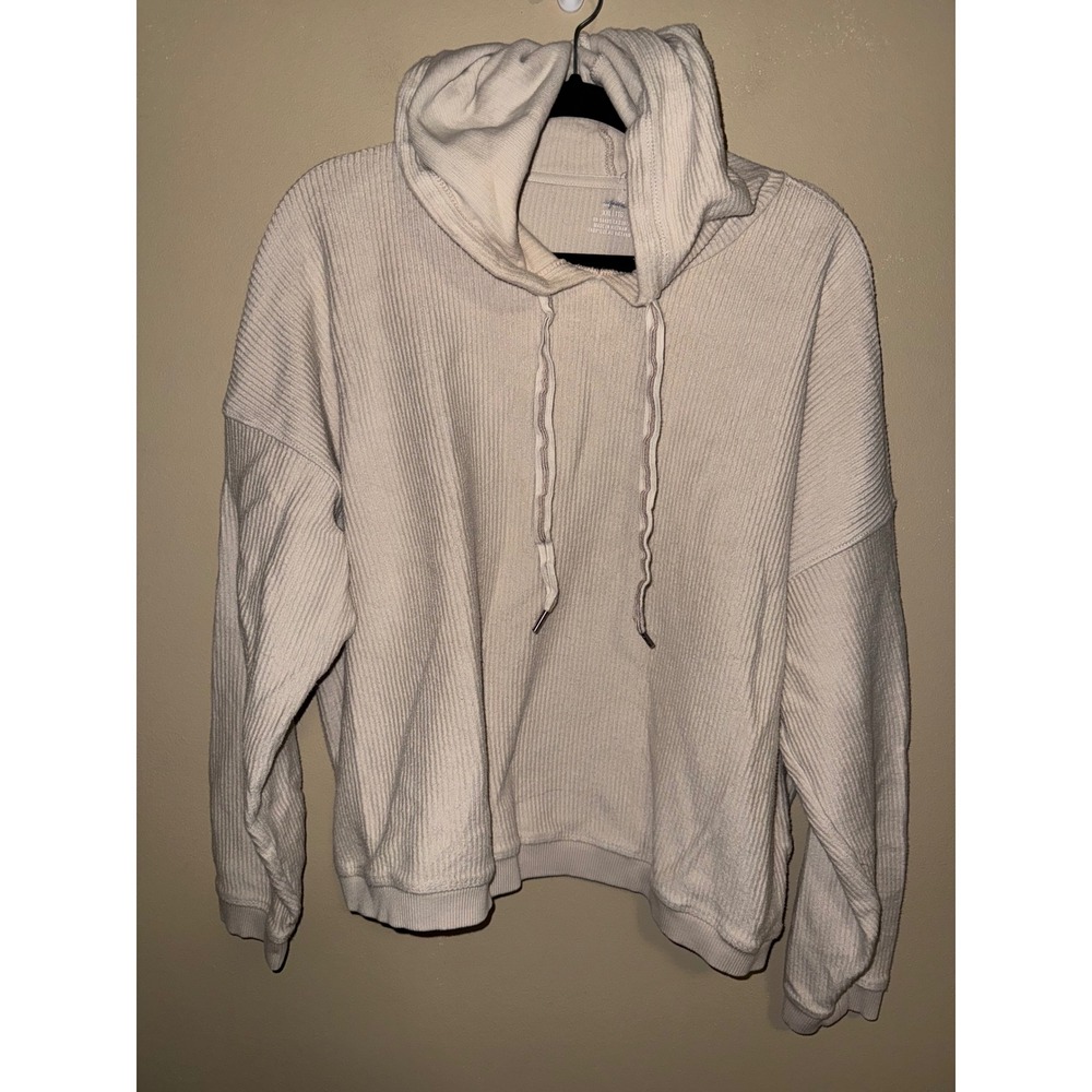 Aerie Womens XXL Cream Ribbed Corded Oversize Pullover Hoodie RN54485 Minimalist
